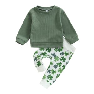 infant toddler baby boy st patricks day outfits long sleeve shirts green sweatshirt with clover pants 2pcs set (clover green, 12-18 months)