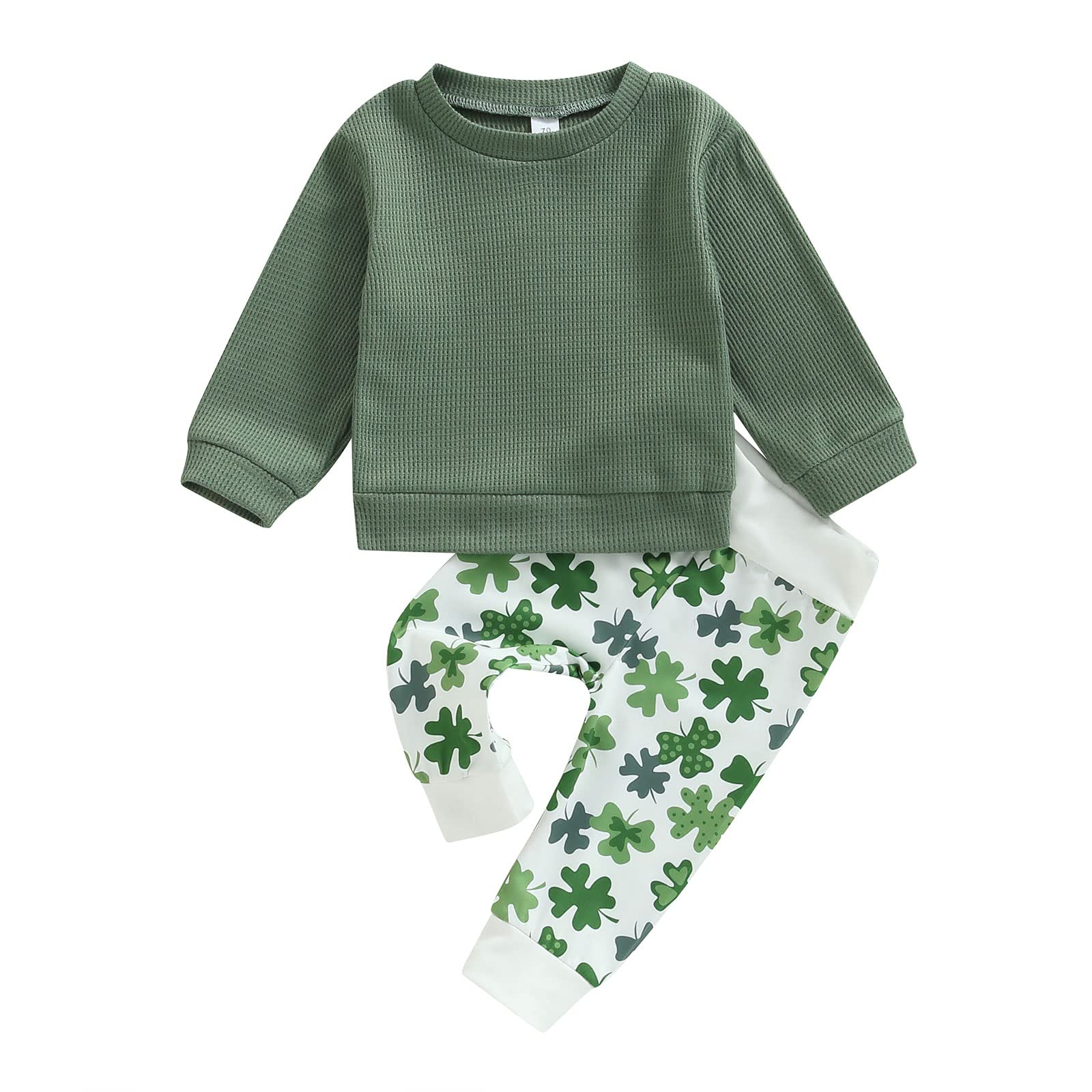 Infant Toddler Baby Boy St Patricks Day Outfits Long Sleeve Shirts Green Sweatshirt with Clover Pants 2Pcs Set (Clover Green, 12-18 Months)