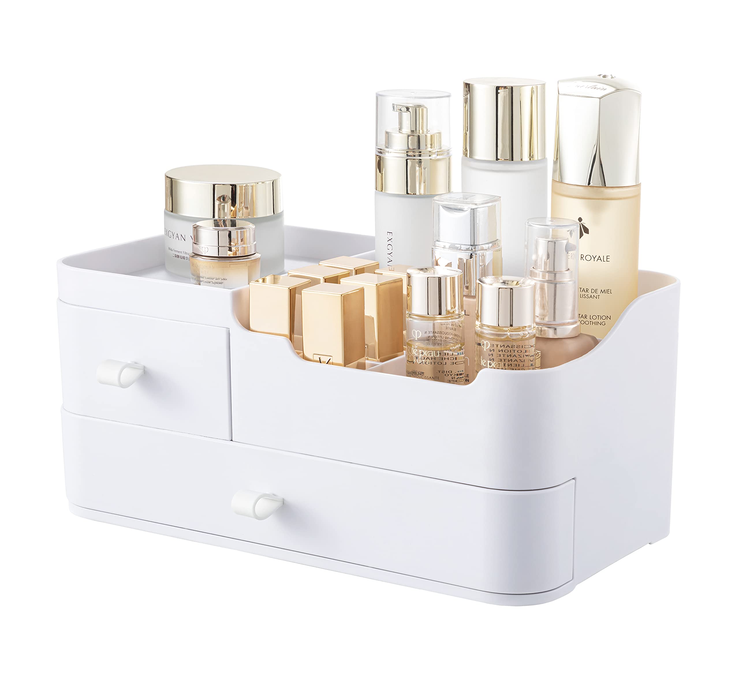 HBlife Plastic Makeup Organizer for Vanity with 2 Drawers Large Skincare Organizers 8 Compartments Bathroom Organizer Cosmetic Storage, White