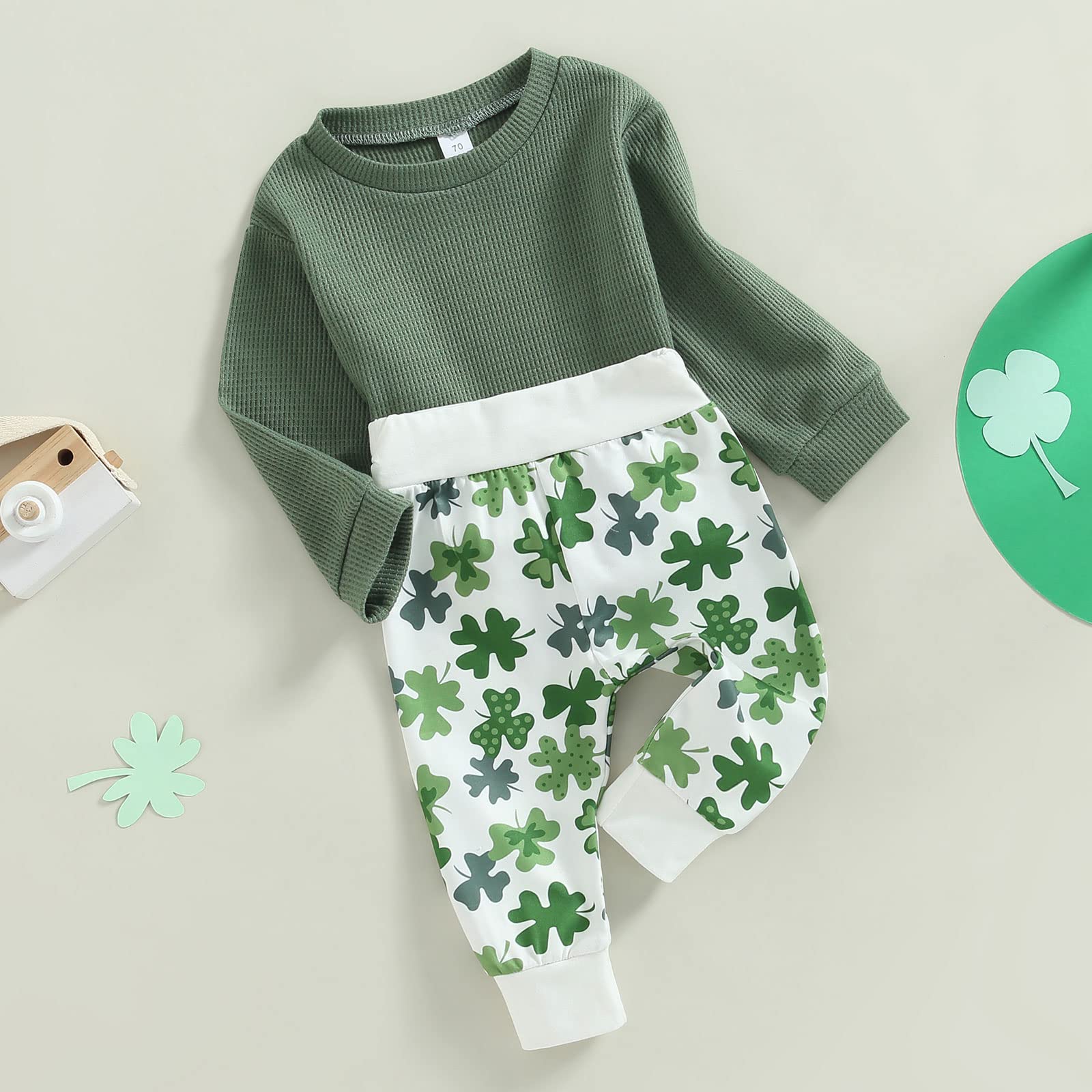 Infant Toddler Baby Boy St Patricks Day Outfits Long Sleeve Shirts Green Sweatshirt with Clover Pants 2Pcs Set (Clover Green, 12-18 Months)