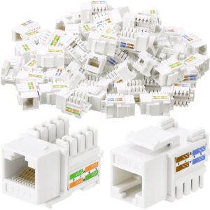 hoteam 100 pack cat6 cable rj45 keystone jack utp modular ethernet jack insert 90-degree, punch down keystone jack adapter for secure connection (white)