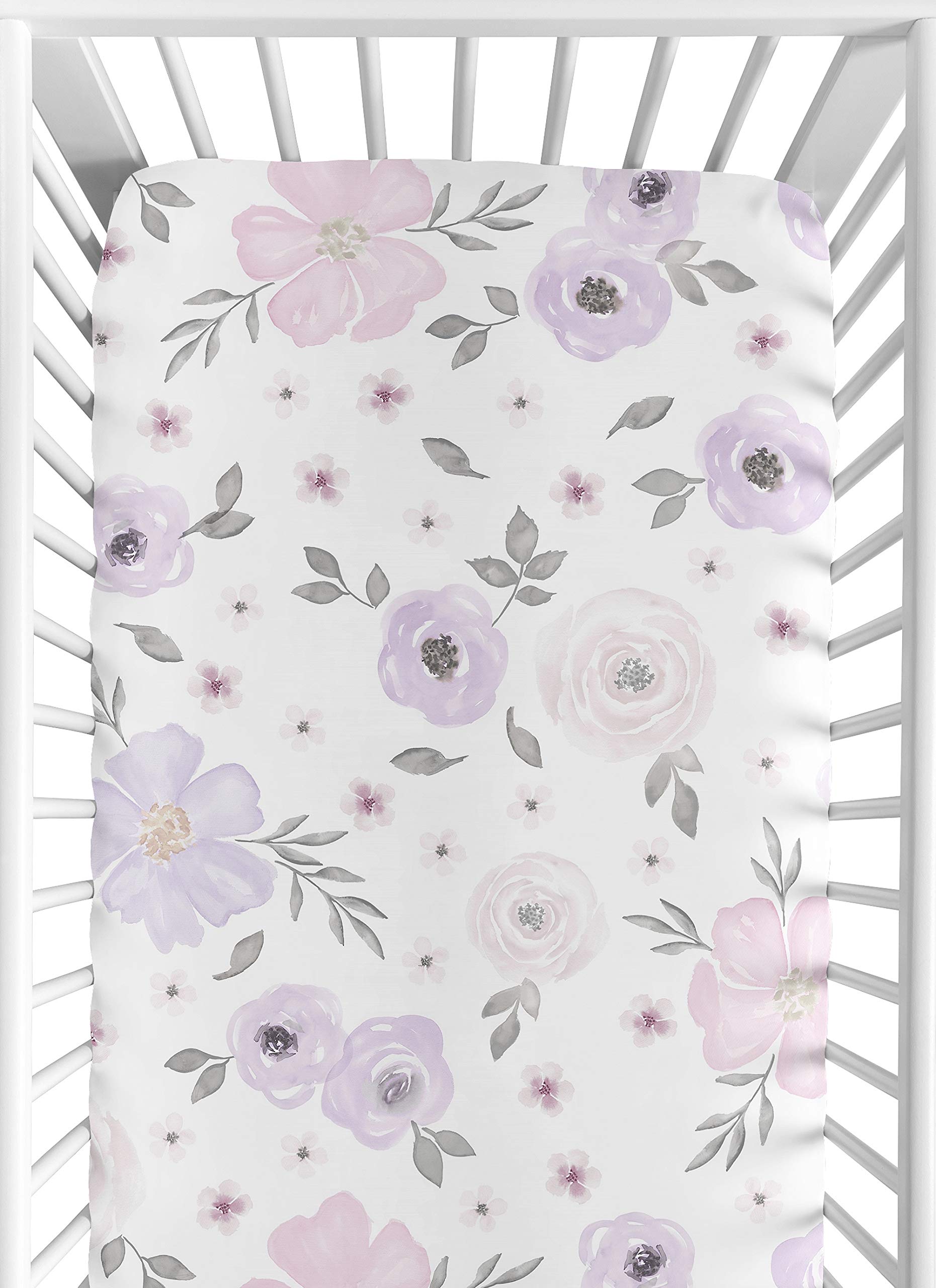 Sweet Jojo Designs Lavender Purple Boho Floral Girl Baby Fitted Crib Sheet Set Nursery Soft Infant Newborn Standard Mattress Toddler Bed Pink Grey White Bohemian Shabby Chic Rose Watercolor Flower