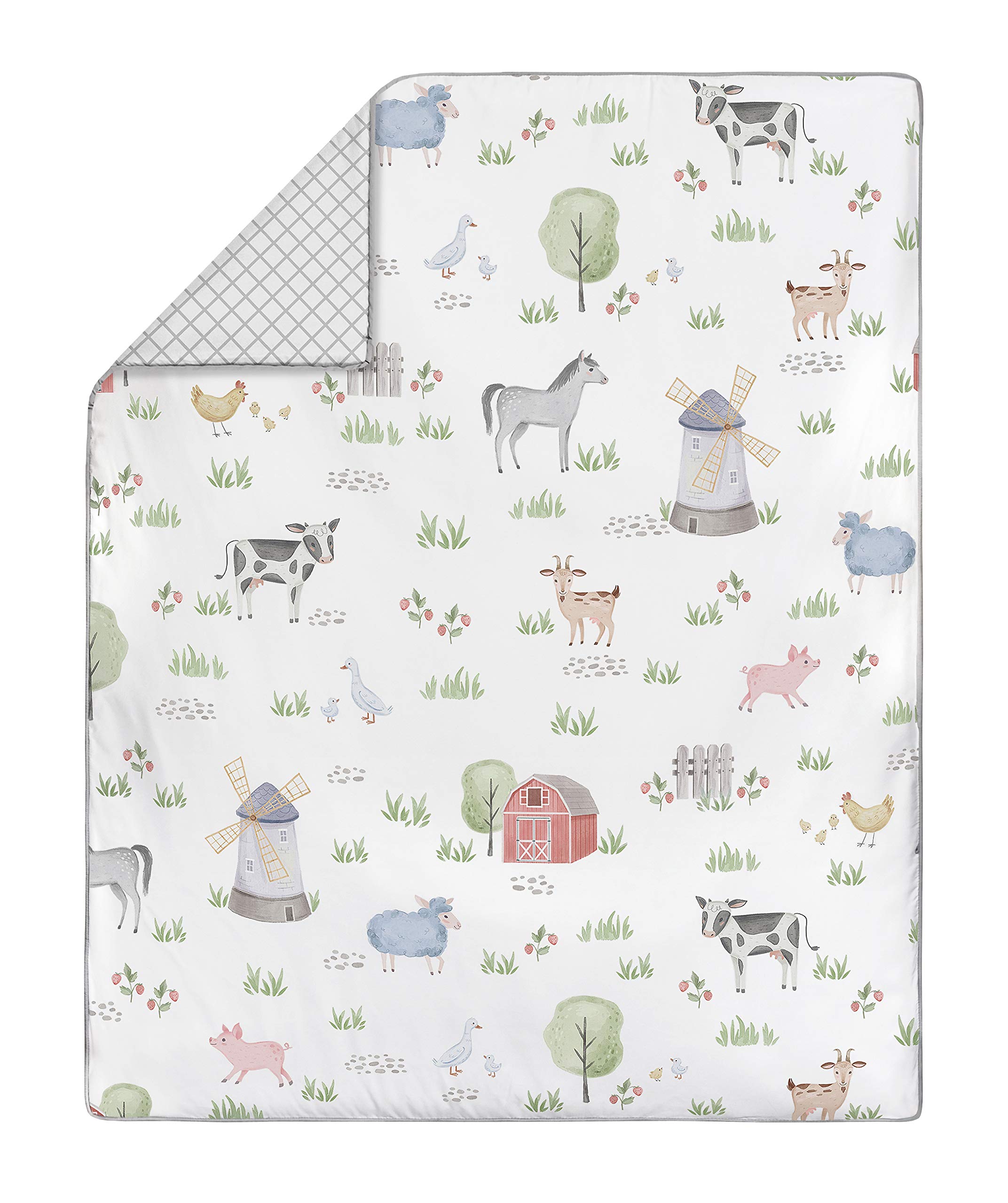 Sweet Jojo Designs Farm Animals Boy or Girl Baby Crib Bedding Set for Infant Nursery Room Grey Red Black and White Gender Neutral Watercolor Farmhouse Lattice Gray Green Barn Horse Cow Sheep Pig