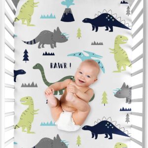 Sweet Jojo Designs Blue Green Modern Dinosaur Boy Baby Fitted Crib Sheet Set Nursery Soft Infant Newborn Fits Standard Mattress Toddler Bed 2pc - Turquoise Boho Bohemian Grey and White Mod Dinosaurs