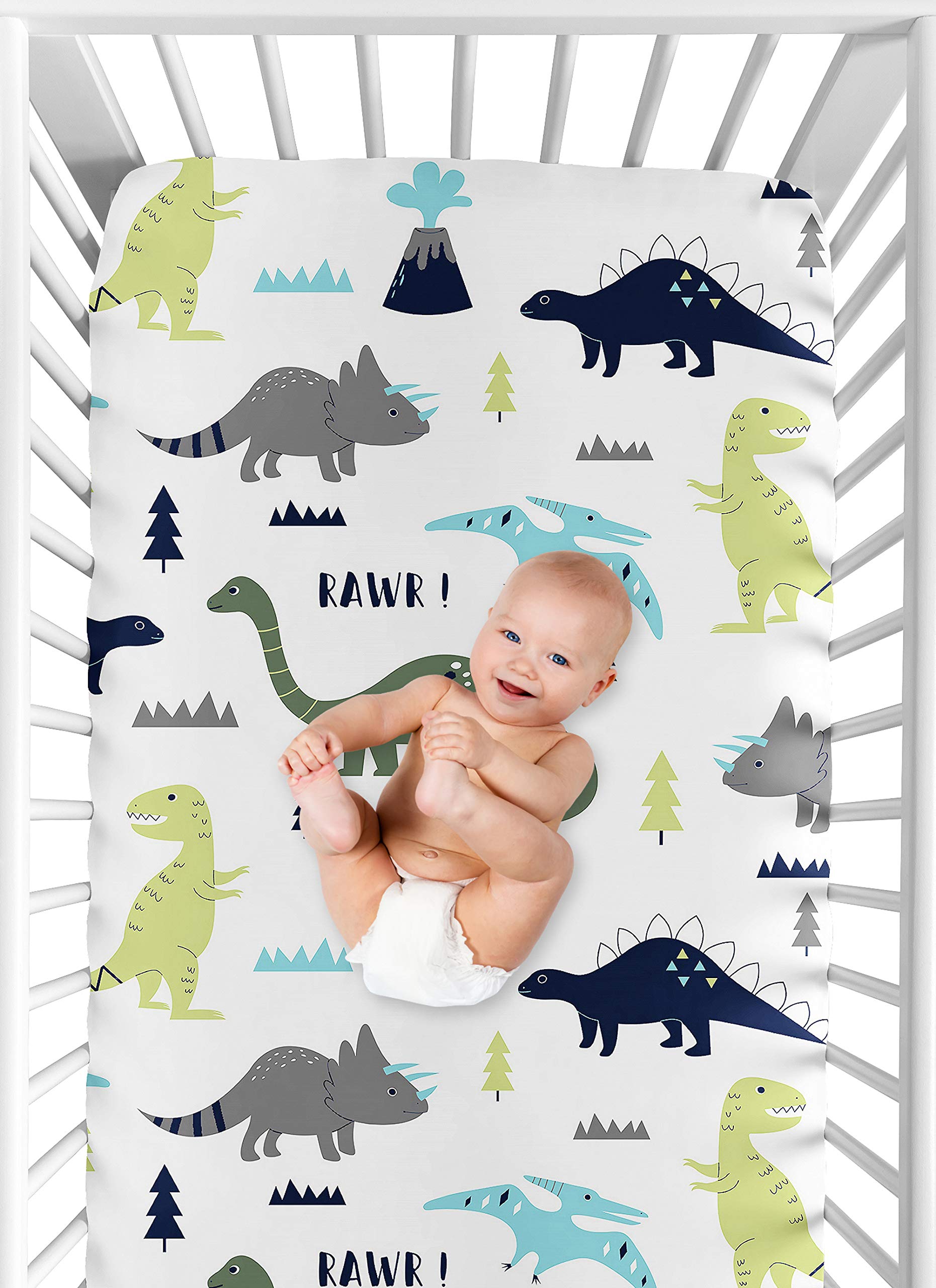 Sweet Jojo Designs Blue Green Modern Dinosaur Boy Baby Fitted Crib Sheet Set Nursery Soft Infant Newborn Fits Standard Mattress Toddler Bed 2pc - Turquoise Boho Bohemian Grey and White Mod Dinosaurs