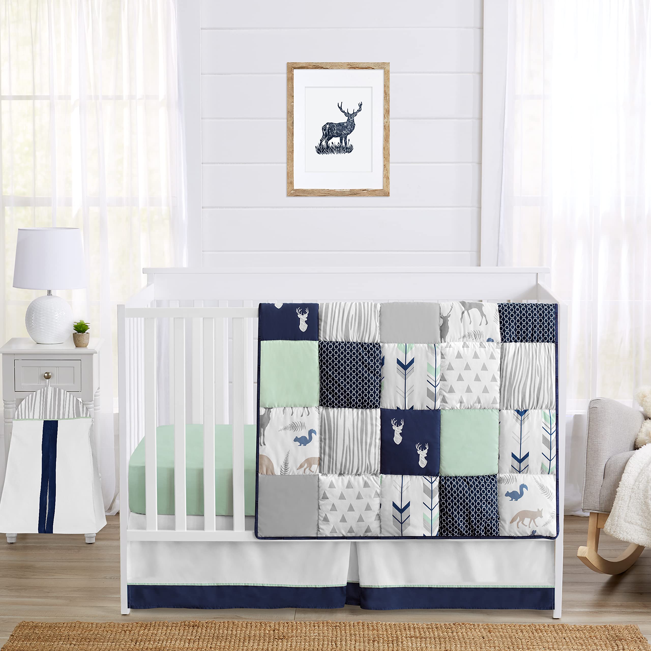 Sweet Jojo Designs Navy Blue Woodland Deer Boy Baby Crib Bedding Set for Infant Nursery Room Quilt, Fitted Sheet, Skirt, Diaper Stacker - 5pc - Mint Green and Grey Woodsy Forest Arrow