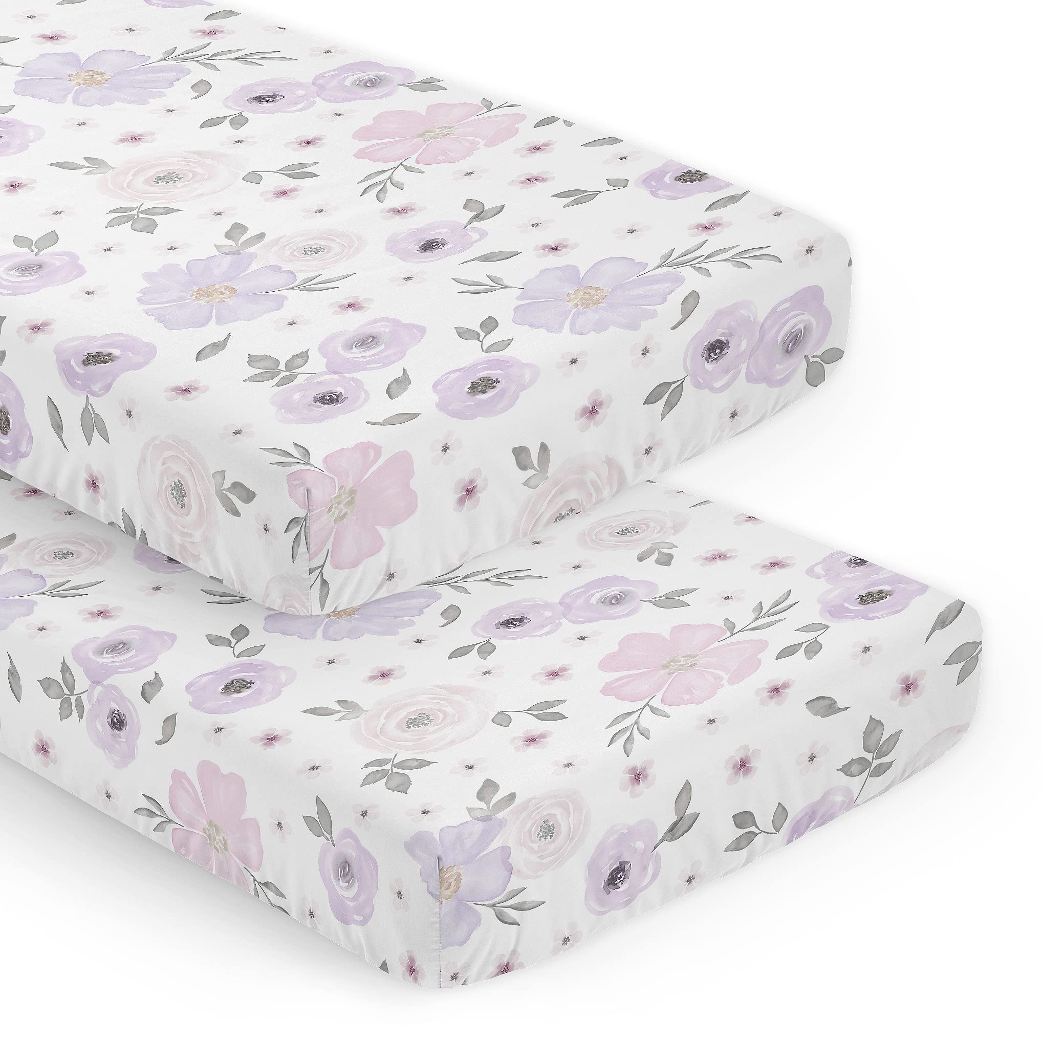 Sweet Jojo Designs Lavender Purple Boho Floral Girl Baby Fitted Crib Sheet Set Nursery Soft Infant Newborn Standard Mattress Toddler Bed Pink Grey White Bohemian Shabby Chic Rose Watercolor Flower