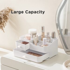 HBlife Plastic Makeup Organizer for Vanity with 2 Drawers Large Skincare Organizers 8 Compartments Bathroom Organizer Cosmetic Storage, White