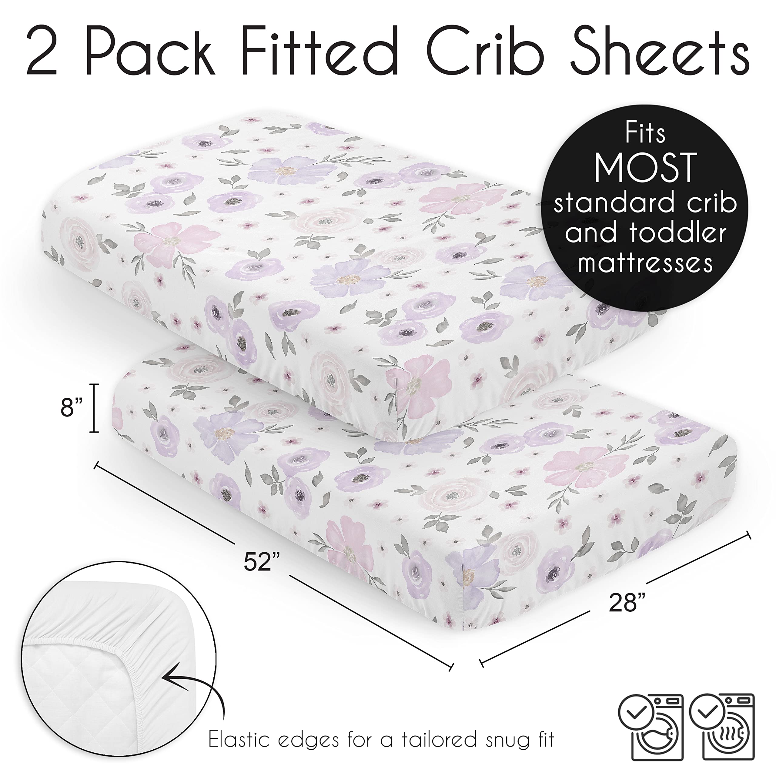 Sweet Jojo Designs Lavender Purple Boho Floral Girl Baby Fitted Crib Sheet Set Nursery Soft Infant Newborn Standard Mattress Toddler Bed Pink Grey White Bohemian Shabby Chic Rose Watercolor Flower