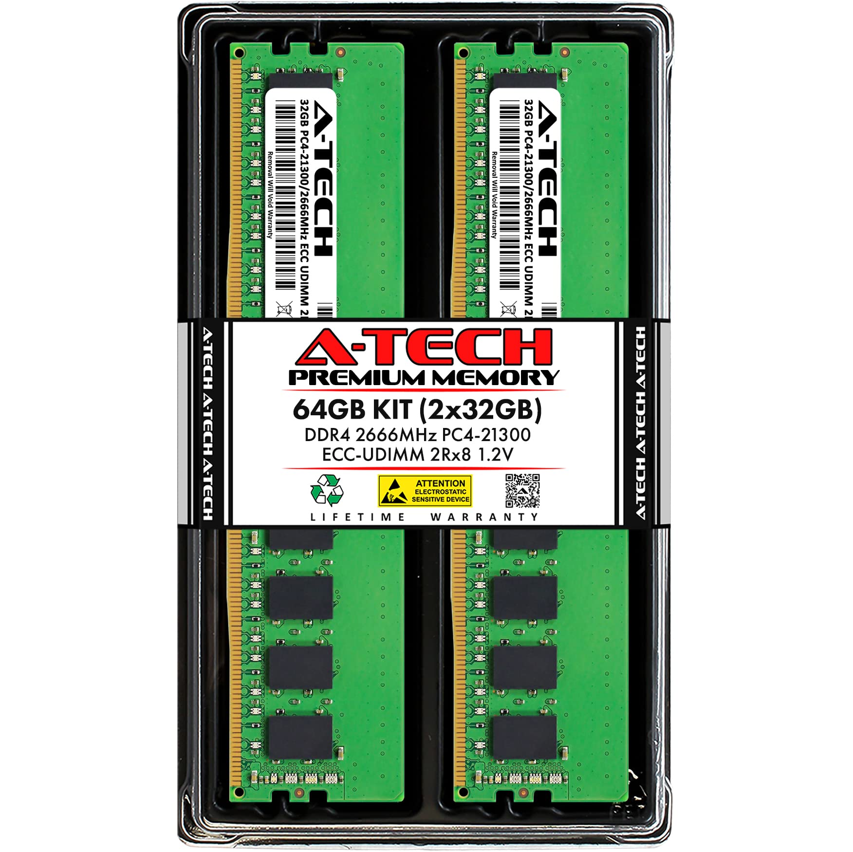 A-Tech Server 64GB Kit (2 x 32GB) 2Rx8 PC4-21300 DDR4 2666MHz ECC Unbuffered UDIMM 288-Pin Dual Rank DIMM 1.2V Workstation Server Memory RAM Upgrade Stick Modules (A-Tech Enterprise Series)