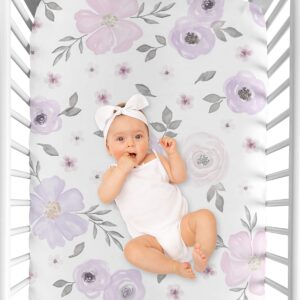 Sweet Jojo Designs Lavender Purple Boho Floral Girl Baby Fitted Crib Sheet Set Nursery Soft Infant Newborn Standard Mattress Toddler Bed Pink Grey White Bohemian Shabby Chic Rose Watercolor Flower