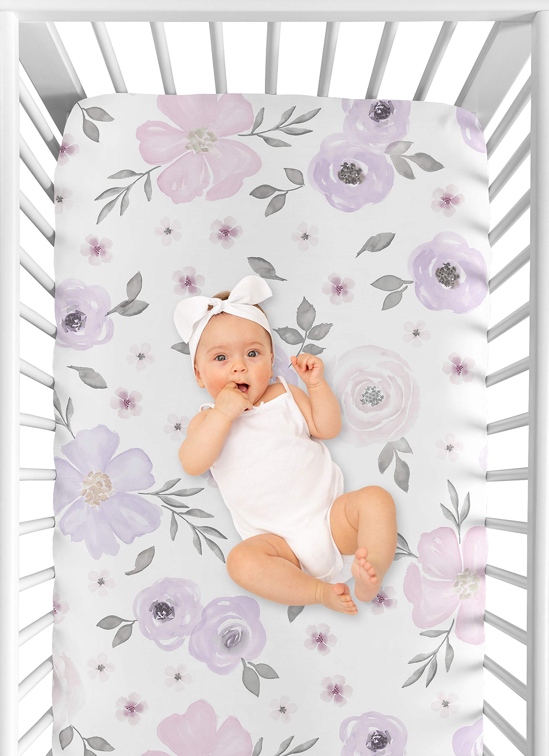 Sweet Jojo Designs Lavender Purple Boho Floral Girl Baby Fitted Crib Sheet Set Nursery Soft Infant Newborn Standard Mattress Toddler Bed Pink Grey White Bohemian Shabby Chic Rose Watercolor Flower