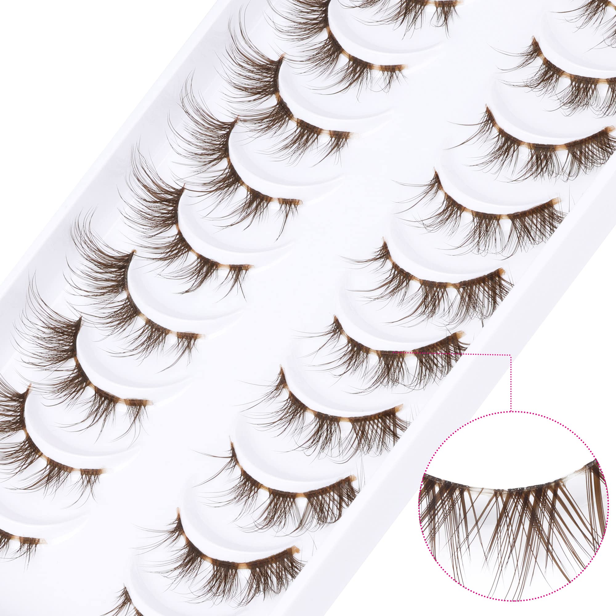 Brown Lashes Anime Eyelashes Natural Look Wispy Fake Eyelashes Manga Clear Band Cluster Eye Lashes Individual DIY False Eyelashes Pestañas Postizas 10 Pairs ALICROWN