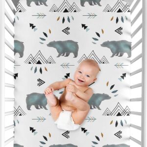 Sweet Jojo Designs Slate Blue Bear Mountain Boy Baby Fitted Crib Sheet Set Nursery Soft Infant Newborn Fits Standard Mattress or Toddler Bed - 2pc - Black and White Watercolor Woodland Forest Animal