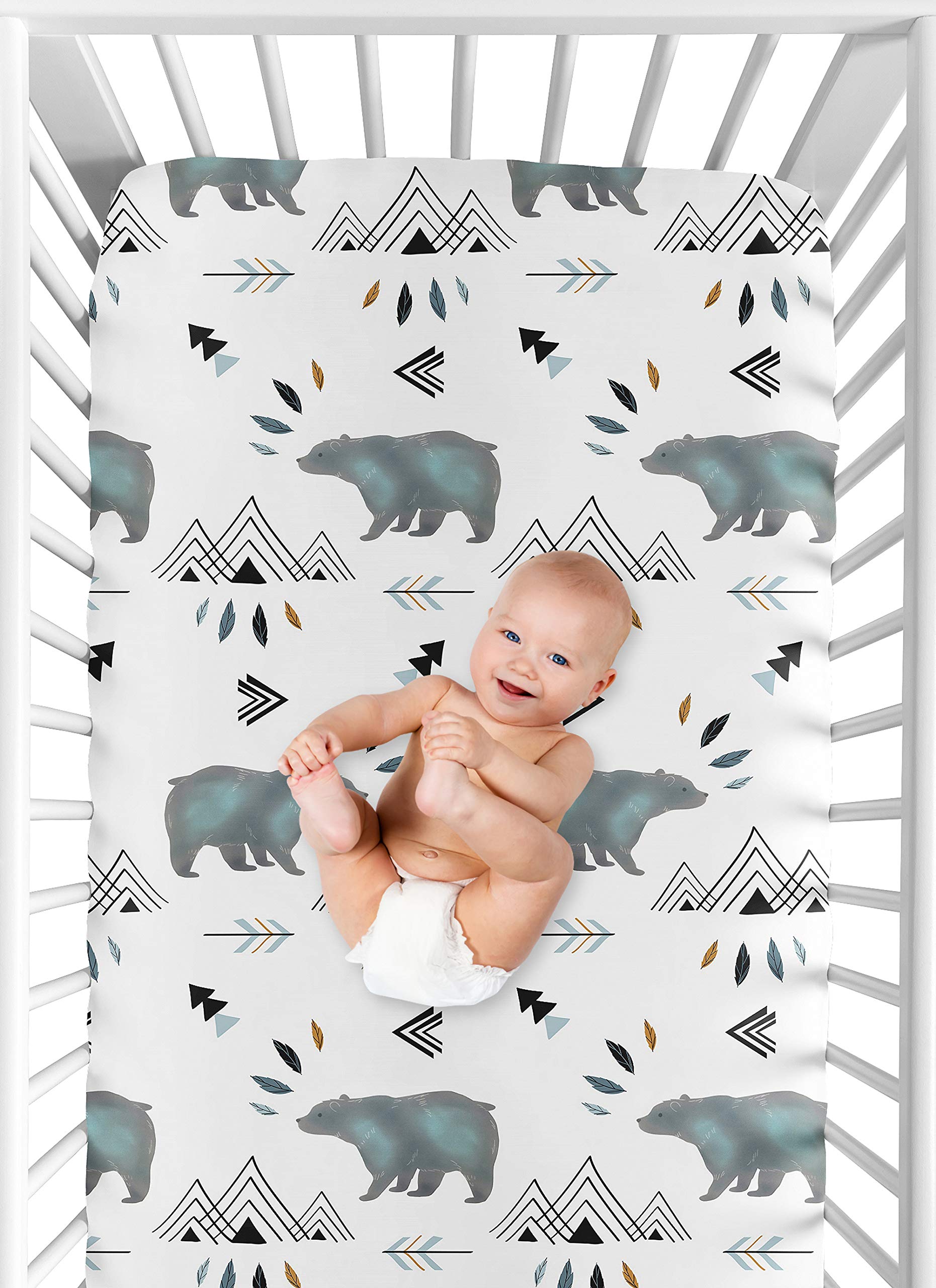 Sweet Jojo Designs Slate Blue Bear Mountain Boy Baby Fitted Crib Sheet Set Nursery Soft Infant Newborn Fits Standard Mattress or Toddler Bed - 2pc - Black and White Watercolor Woodland Forest Animal