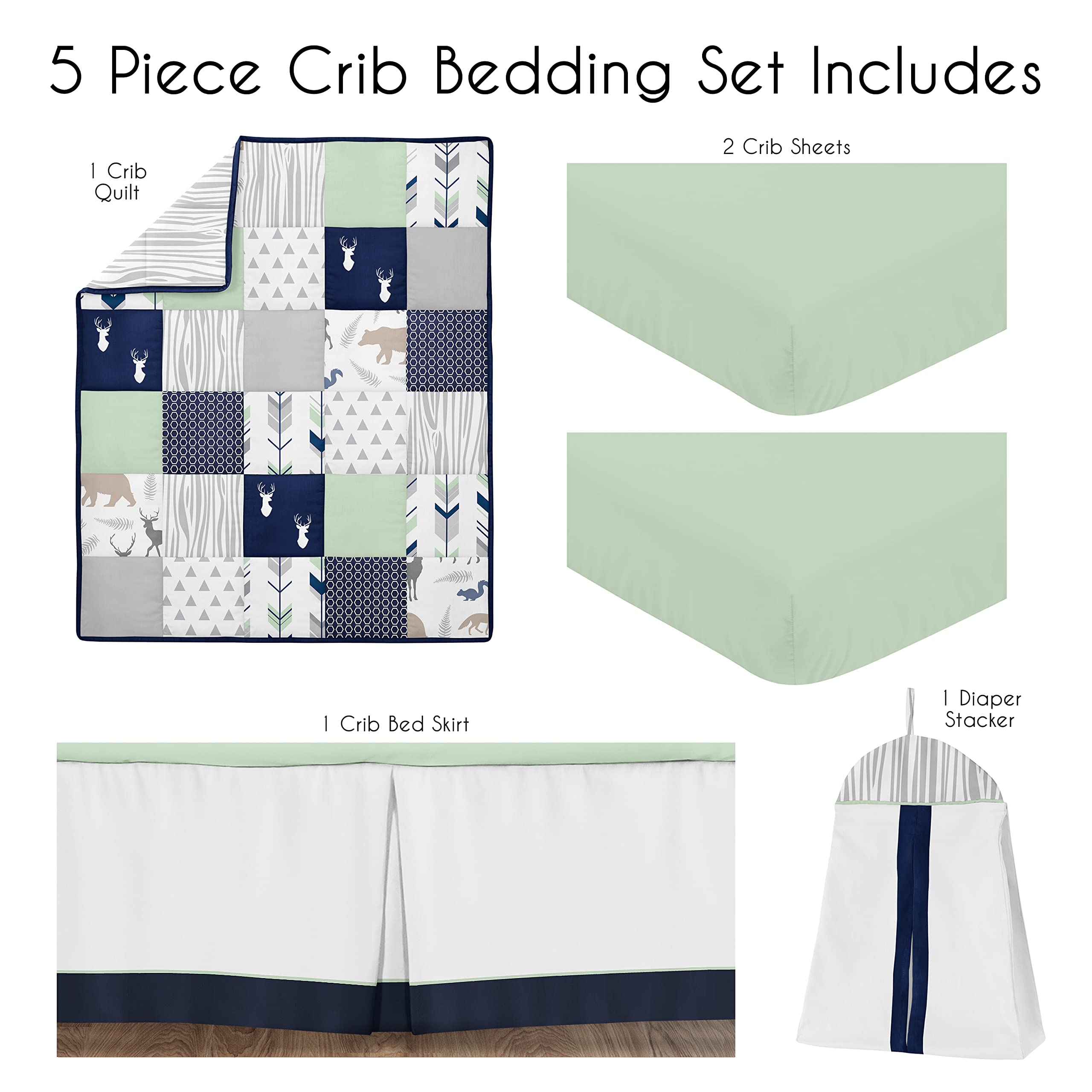 Sweet Jojo Designs Navy Blue Woodland Deer Boy Baby Crib Bedding Set for Infant Nursery Room Quilt, Fitted Sheet, Skirt, Diaper Stacker - 5pc - Mint Green and Grey Woodsy Forest Arrow