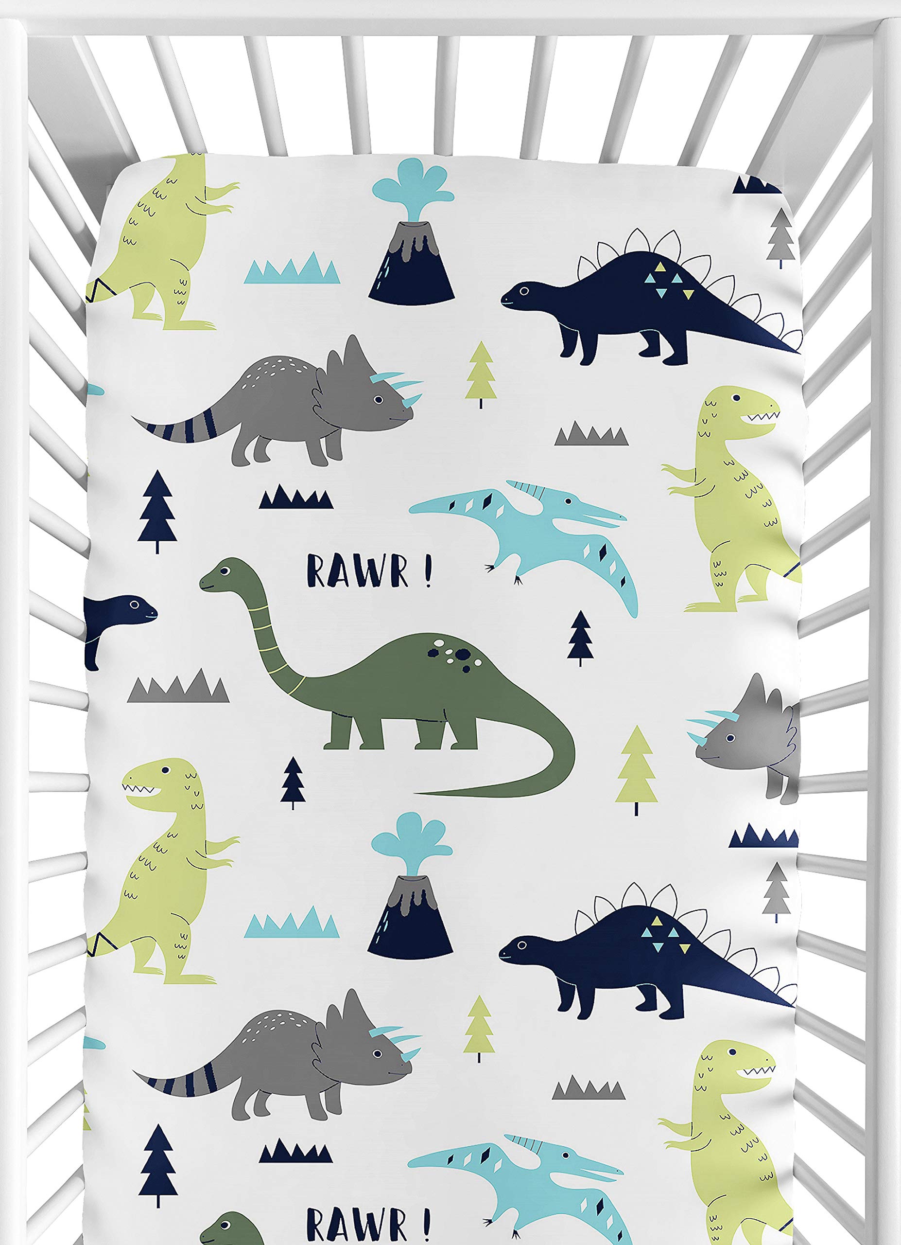 Sweet Jojo Designs Blue Green Modern Dinosaur Boy Baby Fitted Crib Sheet Set Nursery Soft Infant Newborn Fits Standard Mattress Toddler Bed 2pc - Turquoise Boho Bohemian Grey and White Mod Dinosaurs