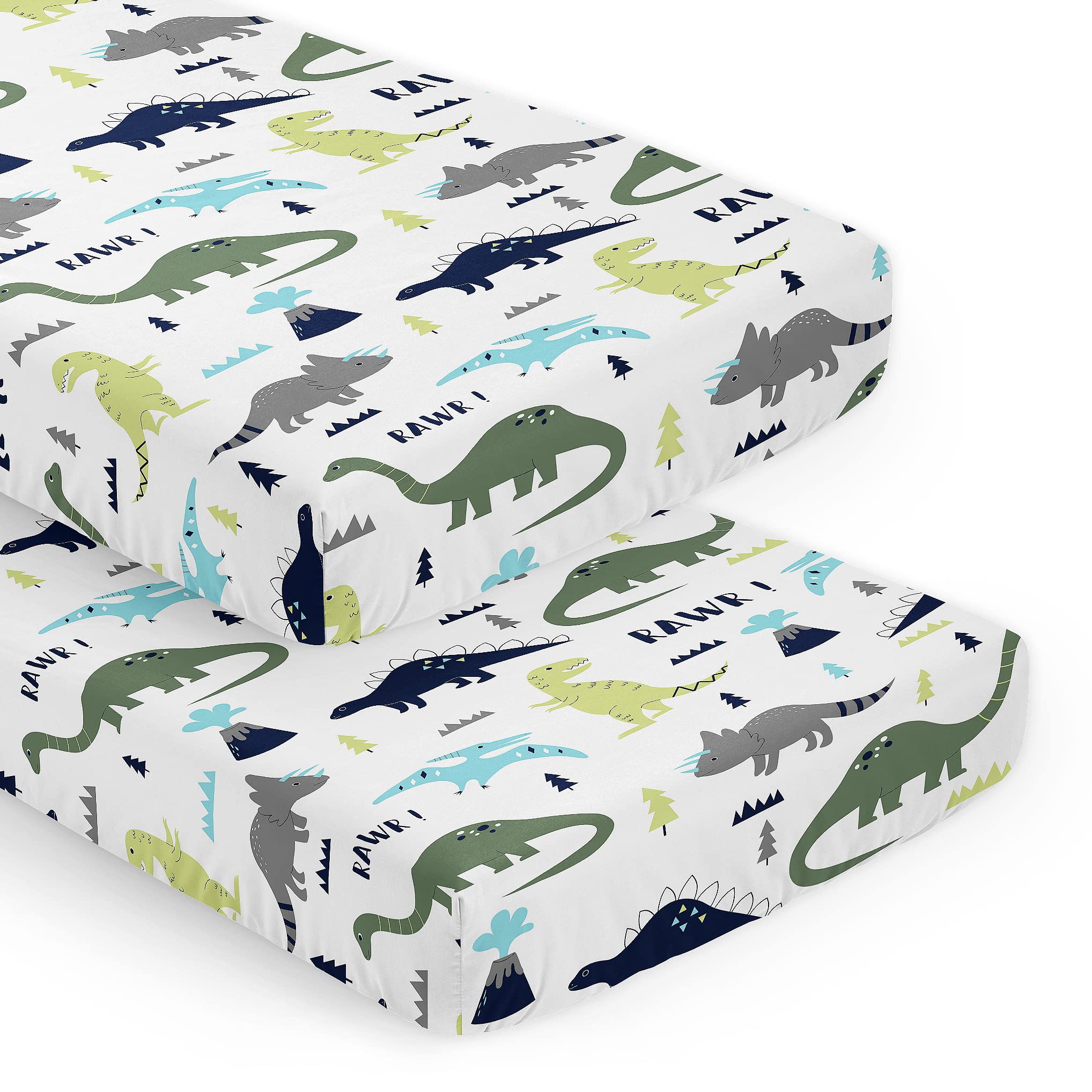 Sweet Jojo Designs Blue Green Modern Dinosaur Boy Baby Fitted Crib Sheet Set Nursery Soft Infant Newborn Fits Standard Mattress Toddler Bed 2pc - Turquoise Boho Bohemian Grey and White Mod Dinosaurs