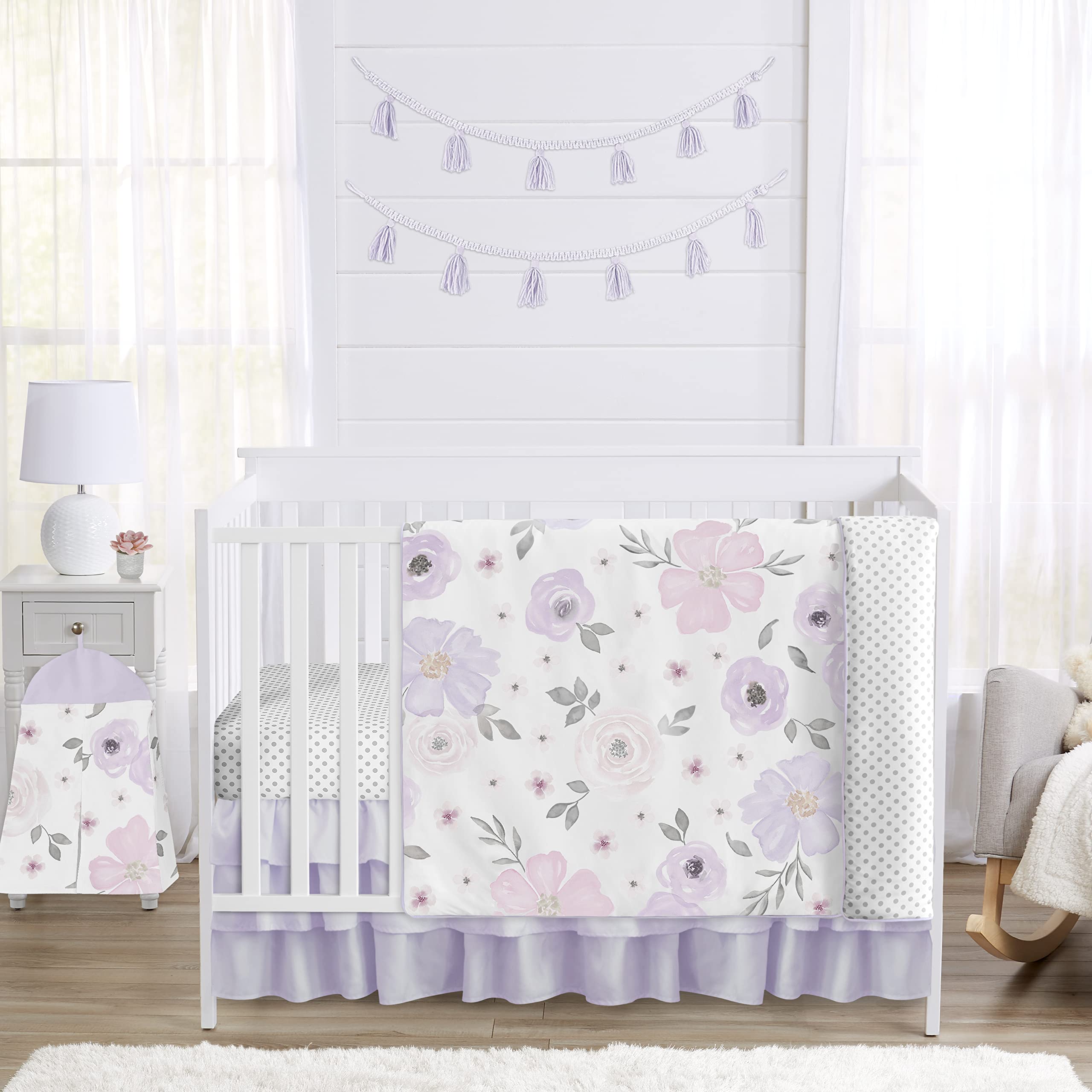 Sweet Jojo Designs Lavender Purple Boho Floral Girl Baby Crib Bedding Set Infant Nursery Room Quilt Fitted Sheets Skirt Pink Grey White Bohemian Shabby Chic Rose Watercolor Flower Farmhouse Polka Dot