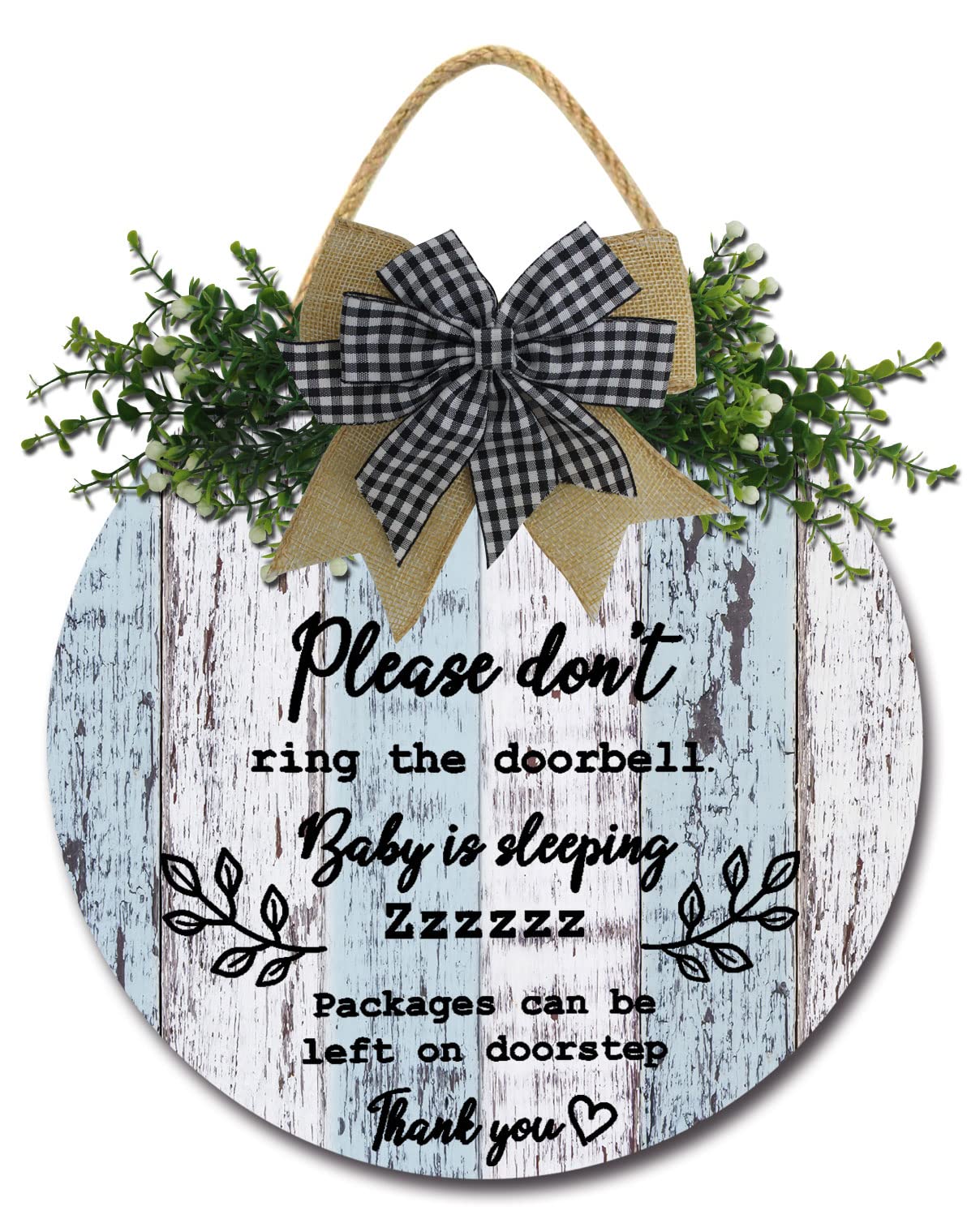 Sokomurg Baby Sleeping Sign for Front Door 11Inch Please Don't Ring The Doorbell Baby Is Sleeping Packages Can Be Left On Doorstep Thank You Round Wooden Door Hanger for Baby Room Nursery Front Door Door Knob Decor