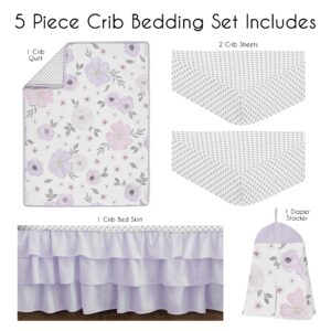 Sweet Jojo Designs Lavender Purple Boho Floral Girl Baby Crib Bedding Set Infant Nursery Room Quilt Fitted Sheets Skirt Pink Grey White Bohemian Shabby Chic Rose Watercolor Flower Farmhouse Polka Dot