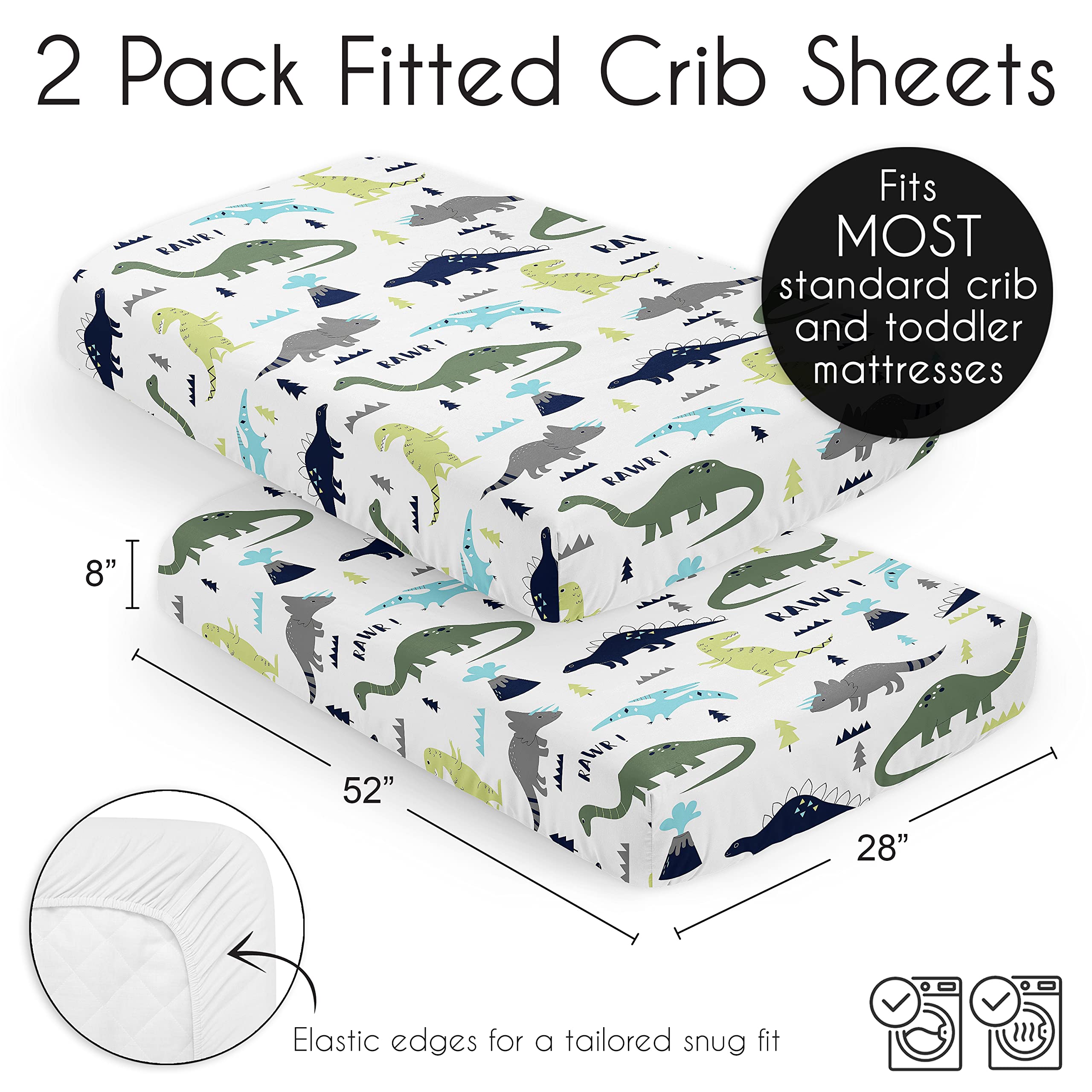 Sweet Jojo Designs Blue Green Modern Dinosaur Boy Baby Fitted Crib Sheet Set Nursery Soft Infant Newborn Fits Standard Mattress Toddler Bed 2pc - Turquoise Boho Bohemian Grey and White Mod Dinosaurs