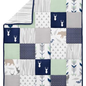 Sweet Jojo Designs Navy Blue Woodland Deer Boy Baby Crib Bedding Set for Infant Nursery Room Quilt, Fitted Sheet, Skirt, Diaper Stacker - 5pc - Mint Green and Grey Woodsy Forest Arrow