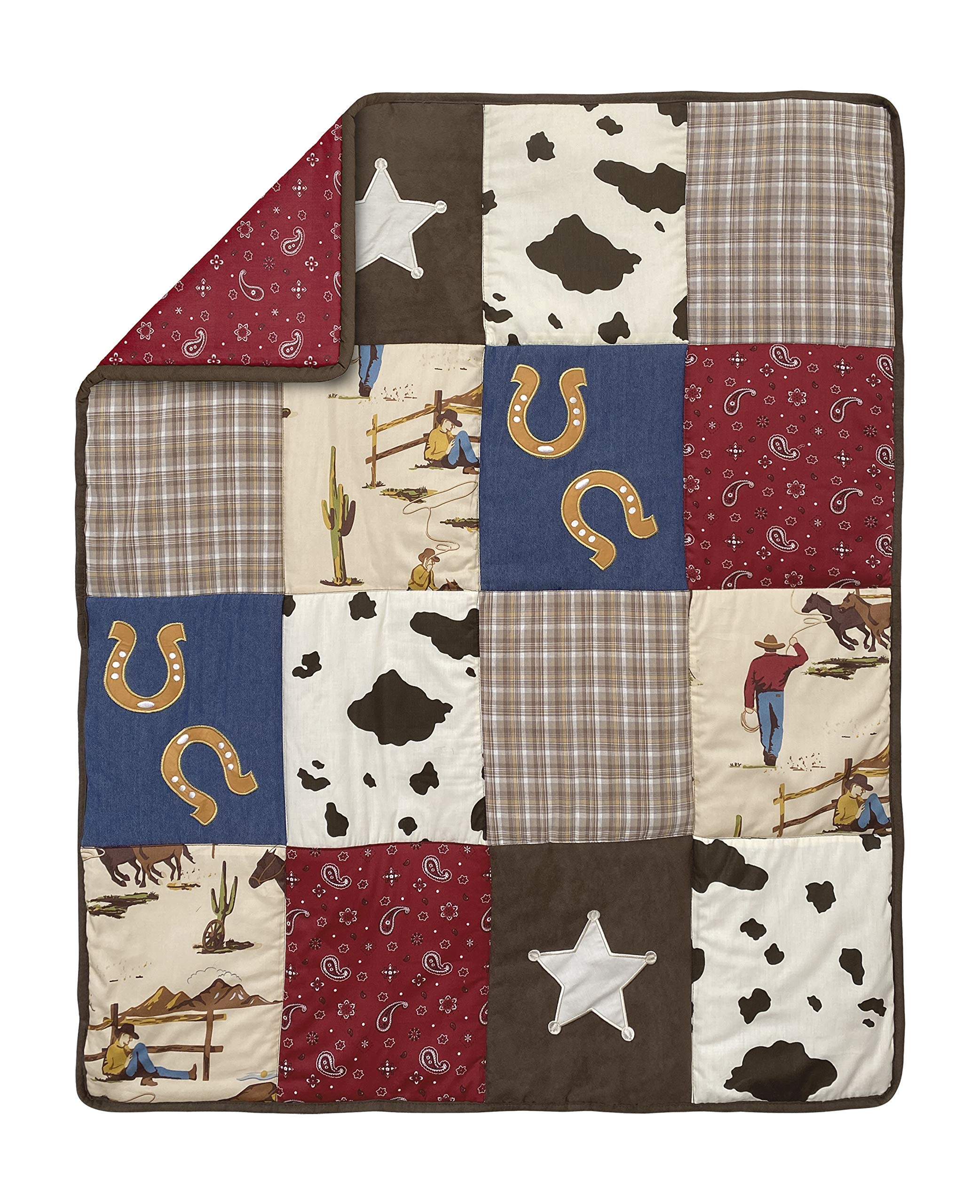 Sweet Jojo Designs Tan Brown Western Cowboy Boy Baby Crib Bedding Set Infant Nursery Room Quilt Fitted Sheet Skirt Diaper Stacker - 5pc - Red Southern Country Chocolate Blue and White Wild West Horse