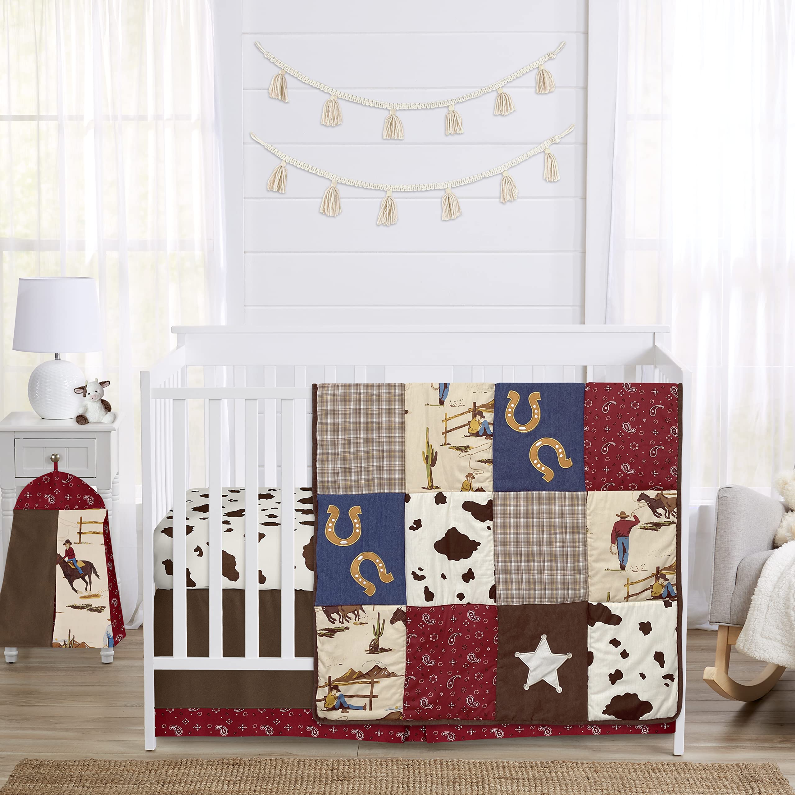 Sweet Jojo Designs Tan Brown Western Cowboy Boy Baby Crib Bedding Set Infant Nursery Room Quilt Fitted Sheet Skirt Diaper Stacker - 5pc - Red Southern Country Chocolate Blue and White Wild West Horse