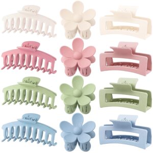 12 pack large hair claw clips flower hair clips big claw clips for thick hair, big hair clips square matte strong hold for thin hair,cute hair clips for women, 3 styles claw hair clip for thick hair