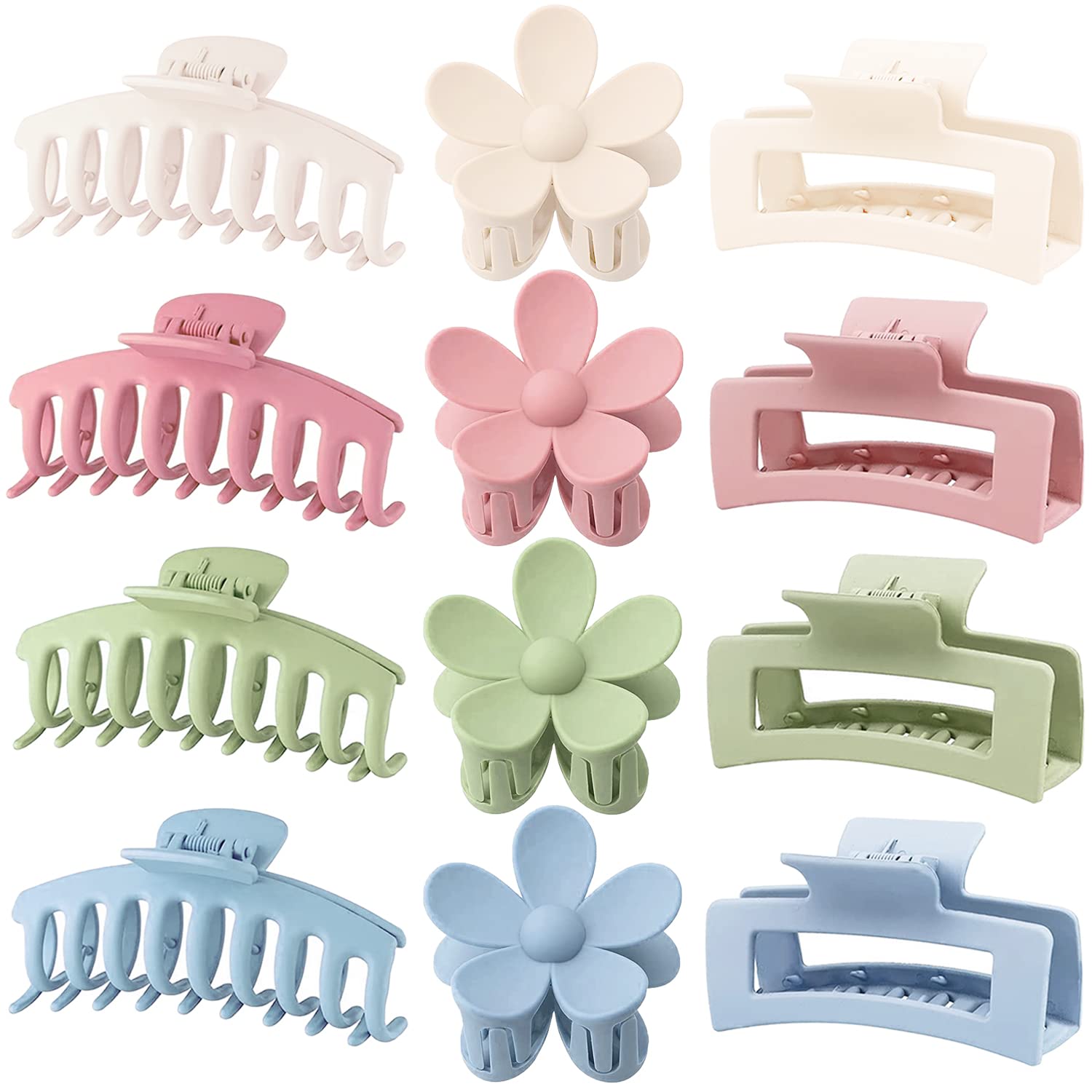 12 Pack Large Hair Claw Clips Flower Hair Clips Big Claw Clips for Thick Hair, Big Hair Clips Square Matte Strong hold for Thin Hair,Cute Hair Clips for Women, 3 Styles Claw Hair Clip for Thick Hair