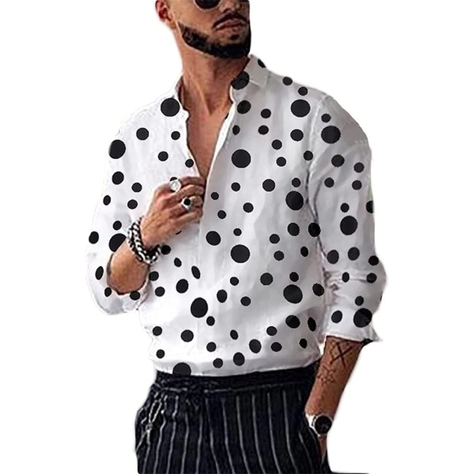 Men's Long Sleeve Stylish Dress Shirts Printed Casual Button Down Shirts Regular Fit Turn-Down Collar Shirt Top (White,XX-Large)