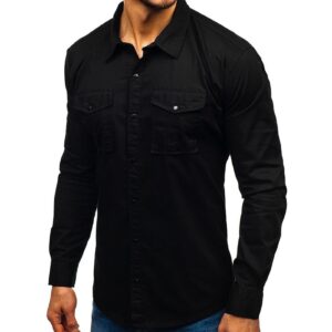 Men's Long Sleeve Hiking Shirts Lightweight Tactical Button Down Cargo Shirt Plain Slim Fit Shirt with Pockets (Black,Large)