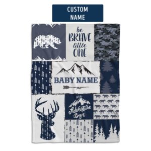 Woodland Baby Blankets, Personalized Baby Blankets for Boys, Baby Woodland Blanket Name, Custom Baby Blankets Name, Blue Deer Bear Wolf Swaddle Blanket, 3 Sizes Plush Blankets for Son Baby Boy