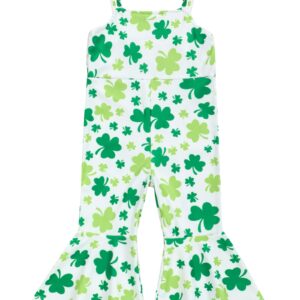 Sinda Toddler Baby Girl St. Patrick's Day Outfit Lucky Clover Print Sleeveless Bell-bottom Pants St.Patrick's Day Jumpsuit