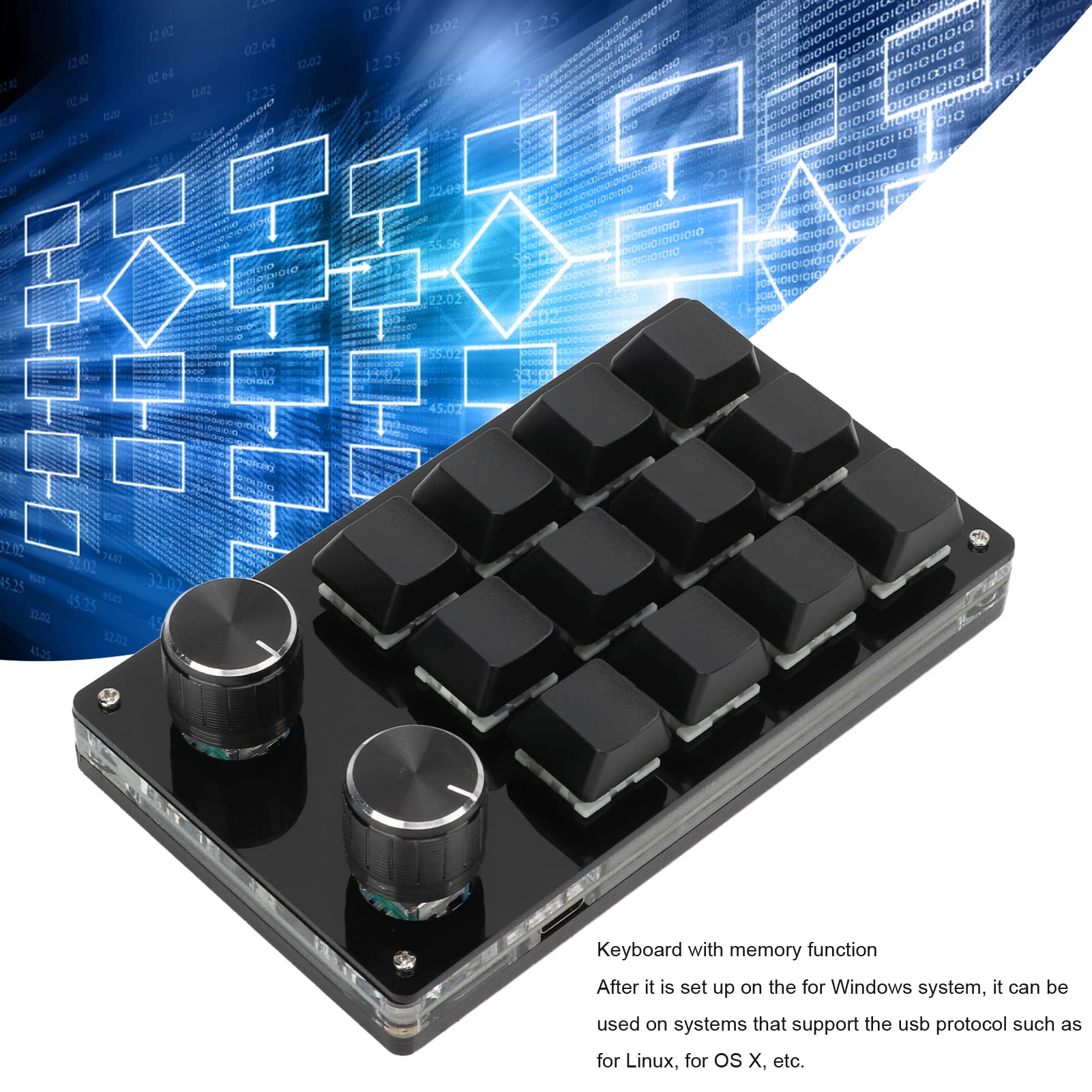 Macro Keyboard, One Handed Macro Mechanical Gaming Keypad 12 Key Programmable Keyboard with Knob for Office Games Compatible with Vista (Black)