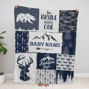 Woodland Baby Blankets, Personalized Baby Blankets for Boys, Baby Woodland Blanket Name, Custom Baby Blankets Name, Blue Deer Bear Wolf Swaddle Blanket, 3 Sizes Plush Blankets for Son Baby Boy