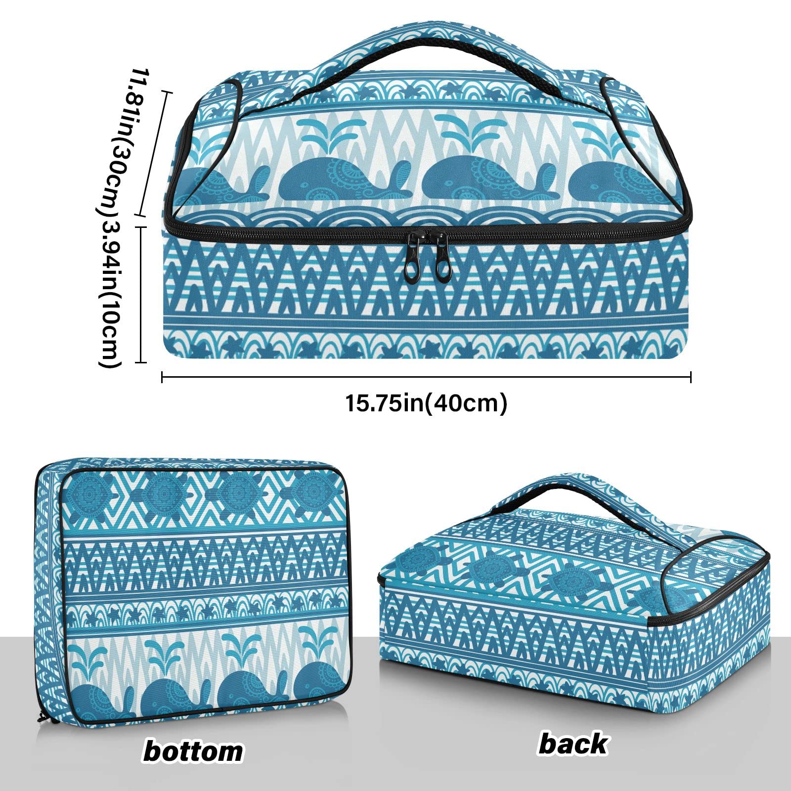 NFMILI Casserole Carrier for Hot and Cold Tribal Whale Turtle Print, Insulated Food Delivery Bag Reusable Warmer Carrier Bag with Inner Pocket Aesthetic Print 15.75×11.81×3.94 inch