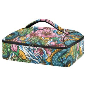 nfmili casserole carrier for hot and cold blue japanese dragon print, insulated food delivery bag reusable warmer carrier bag with inner pocket aesthetic print 15.75×11.81×3.94 inch