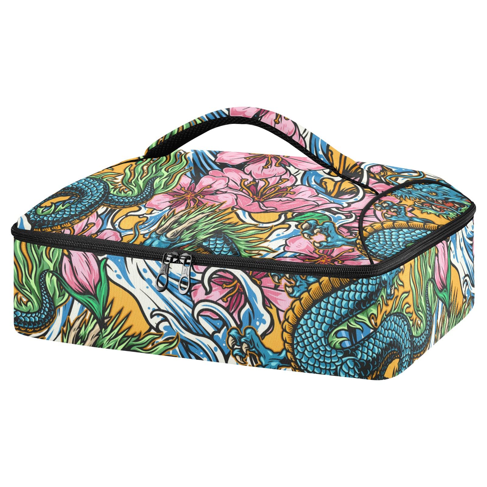 NFMILI Casserole Carrier for Hot and Cold Blue Japanese Dragon Print, Insulated Food Delivery Bag Reusable Warmer Carrier Bag with Inner Pocket Aesthetic Print 15.75×11.81×3.94 inch