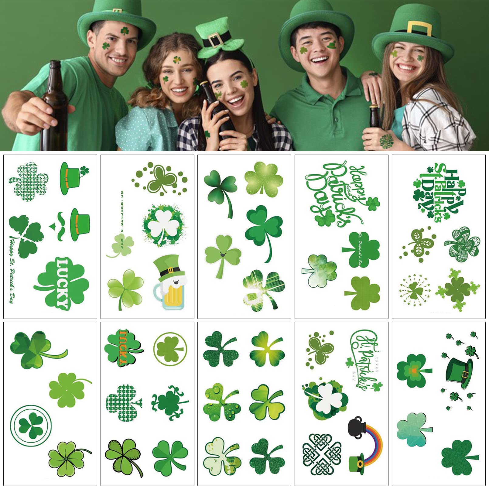 10 Sheets St Patrick's Day Tattoos Stickers Temporary Tattoo Stickers Shamrock Assorted Face Body Sticker,for Saint Patrick's Day Decoration Irish Clover Themed Party Supplies