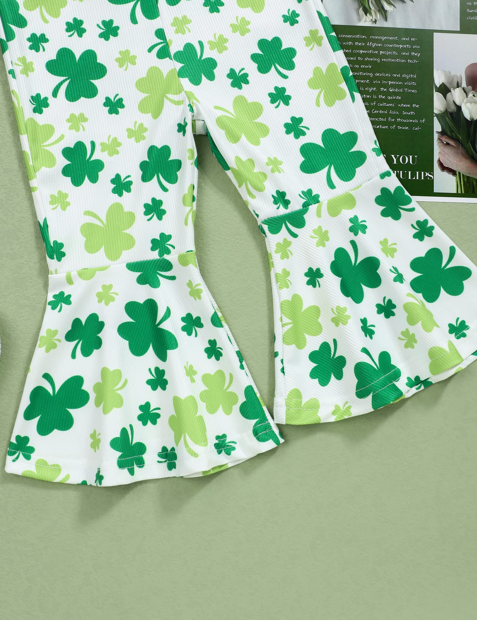 Sinda Toddler Baby Girl St. Patrick's Day Outfit Lucky Clover Print Sleeveless Bell-bottom Pants St.Patrick's Day Jumpsuit