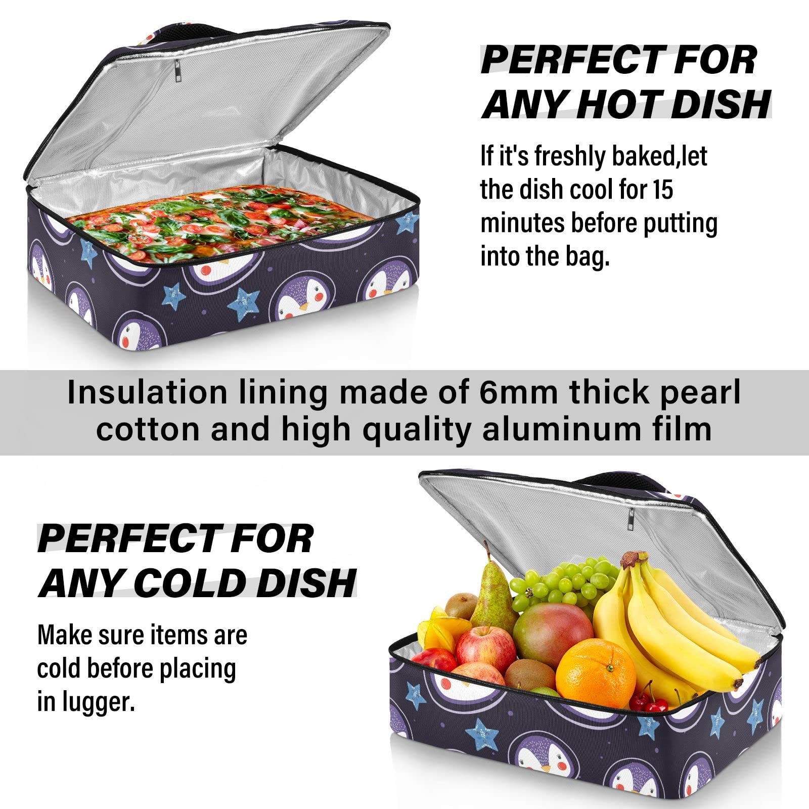 NFMILI Casserole Carrier for Hot and Cold Cartoon Penguin Face Print, Insulated Food Delivery Bag Reusable Warmer Carrier Bag with Inner Pocket Aesthetic Print 15.75×11.81×3.94 inch