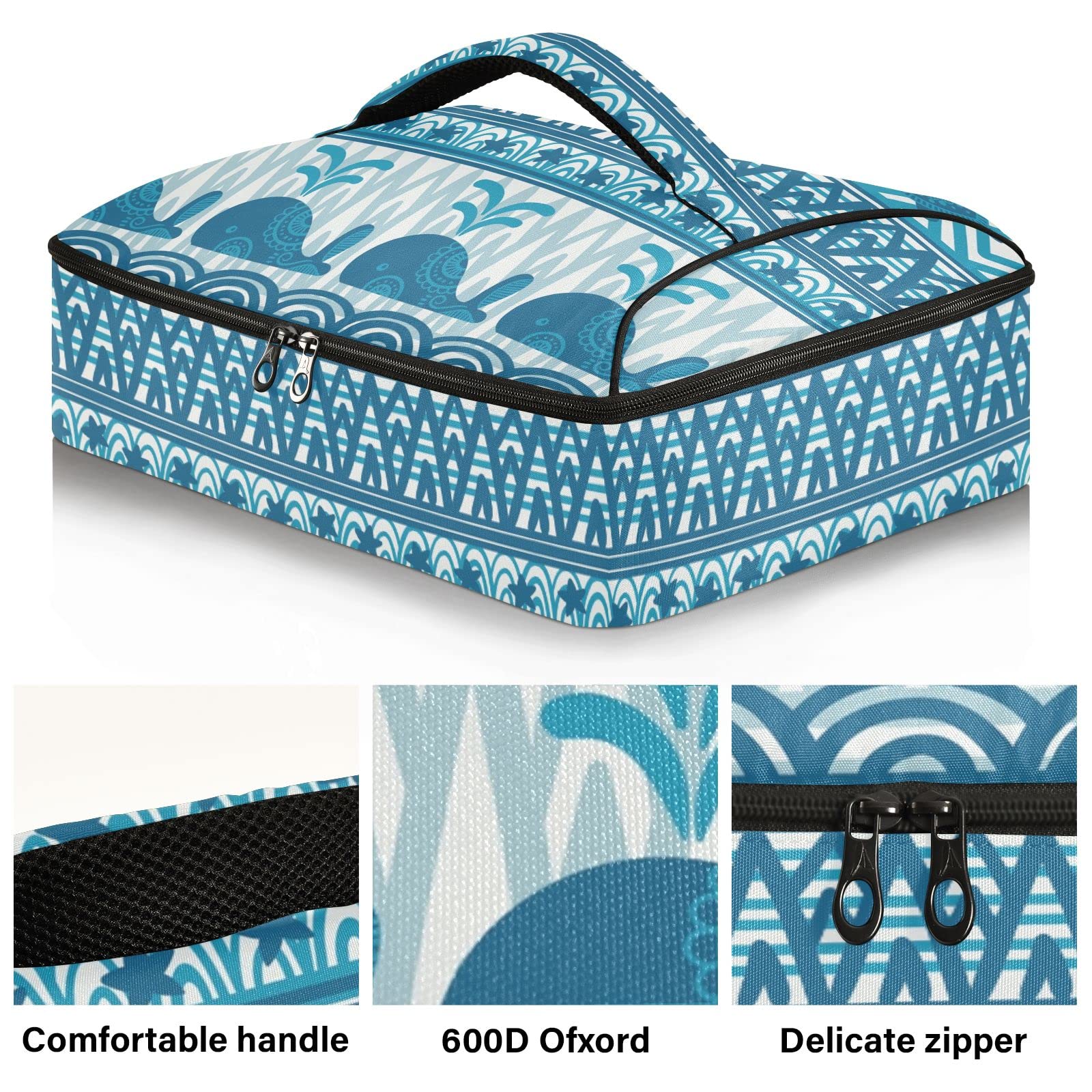 NFMILI Casserole Carrier for Hot and Cold Tribal Whale Turtle Print, Insulated Food Delivery Bag Reusable Warmer Carrier Bag with Inner Pocket Aesthetic Print 15.75×11.81×3.94 inch