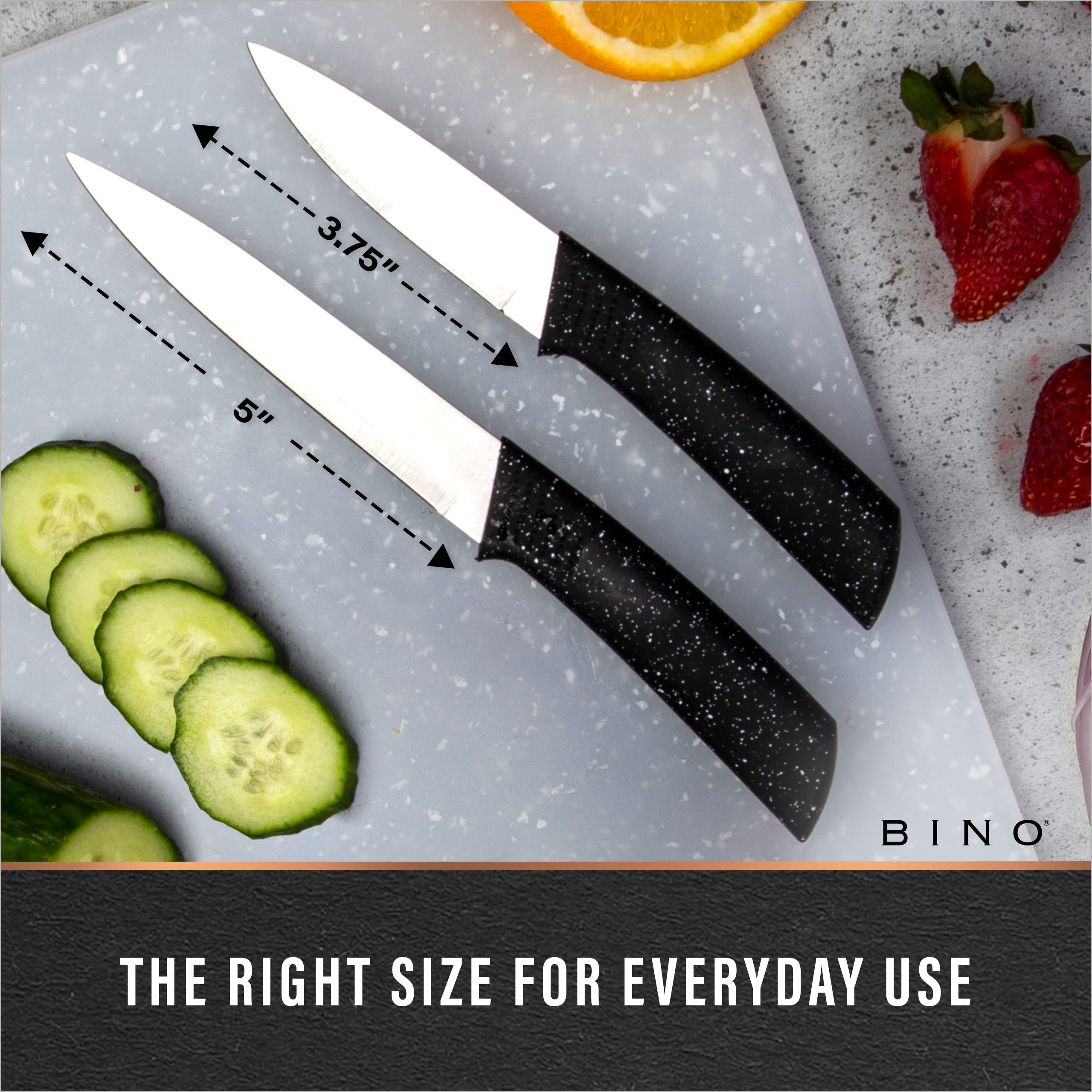 BINO 2-Piece Stainless Steel Paring Knife & Utility Knife with Blade Guards Set - Speckled Black | Sharp Knife Set with Good Grip | Cooking Knives | Peeling & Cutting Fruits & Vegetables | Meal Prep