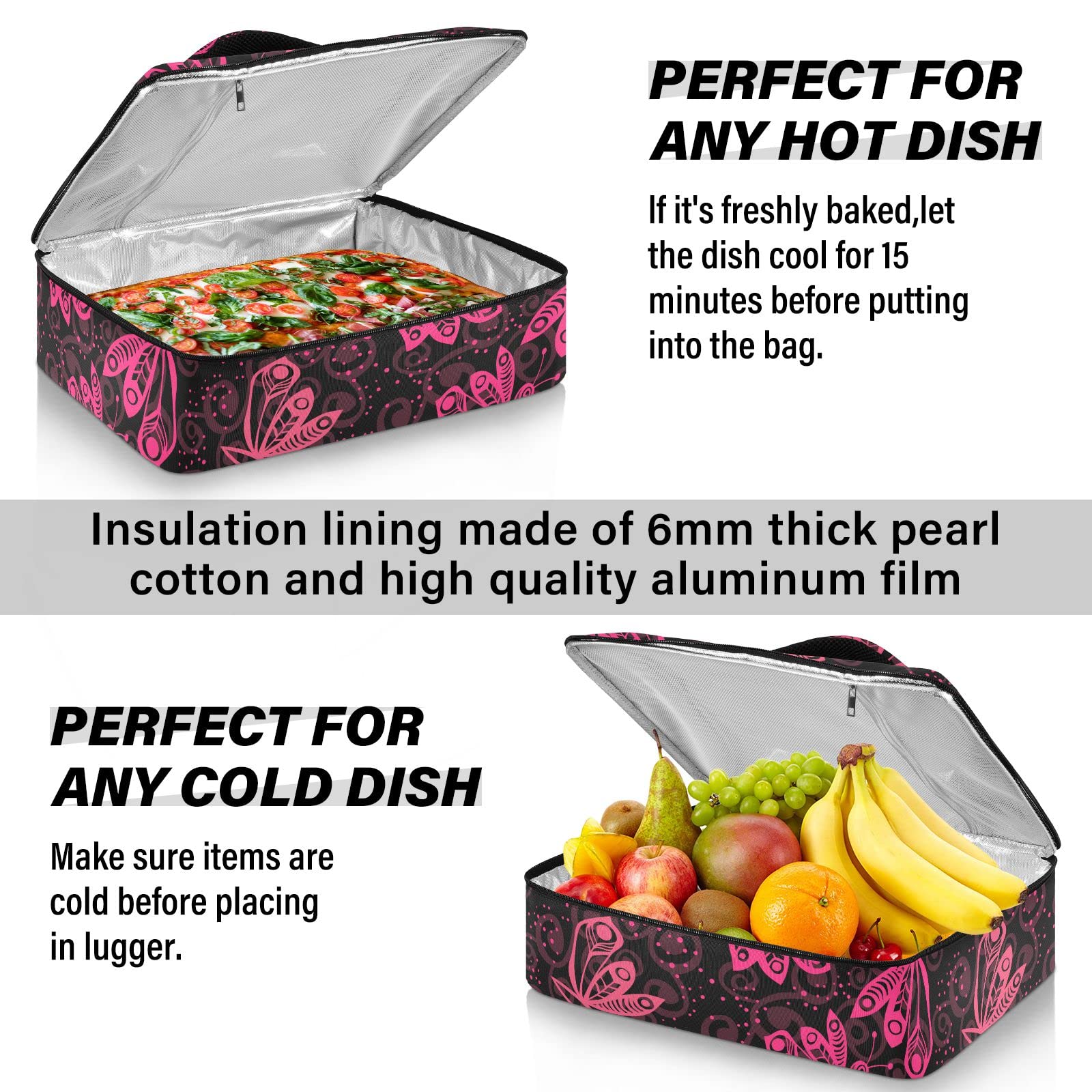 NFMILI Casserole Carrier for Hot and Cold Bright Pink Butterfly Print, Insulated Food Delivery Bag Reusable Warmer Carrier Bag with Inner Pocket Aesthetic Print 15.75×11.81×3.94 inch