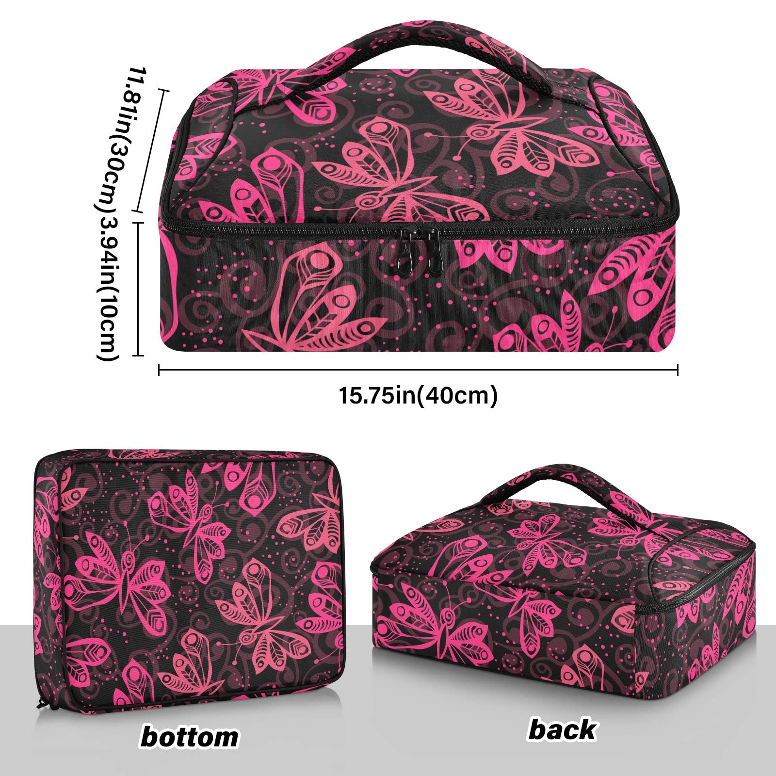 NFMILI Casserole Carrier for Hot and Cold Bright Pink Butterfly Print, Insulated Food Delivery Bag Reusable Warmer Carrier Bag with Inner Pocket Aesthetic Print 15.75×11.81×3.94 inch