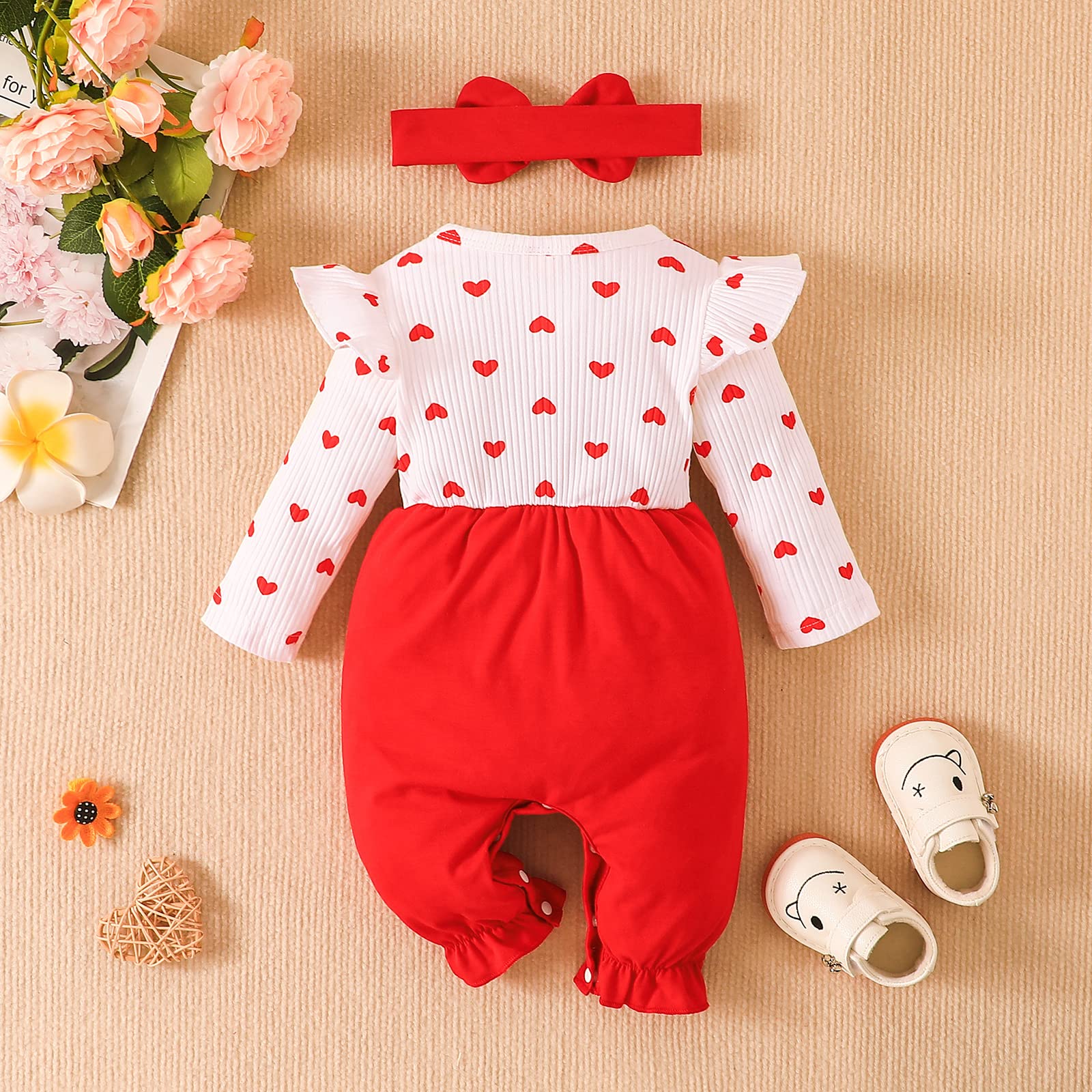 RogPrincekids Baby Girl Clothes Infant Girls Ruffle Long Sleeve Romper Jumpsuit Cute One-Piece Outfits (White Red, 9-12 Months)