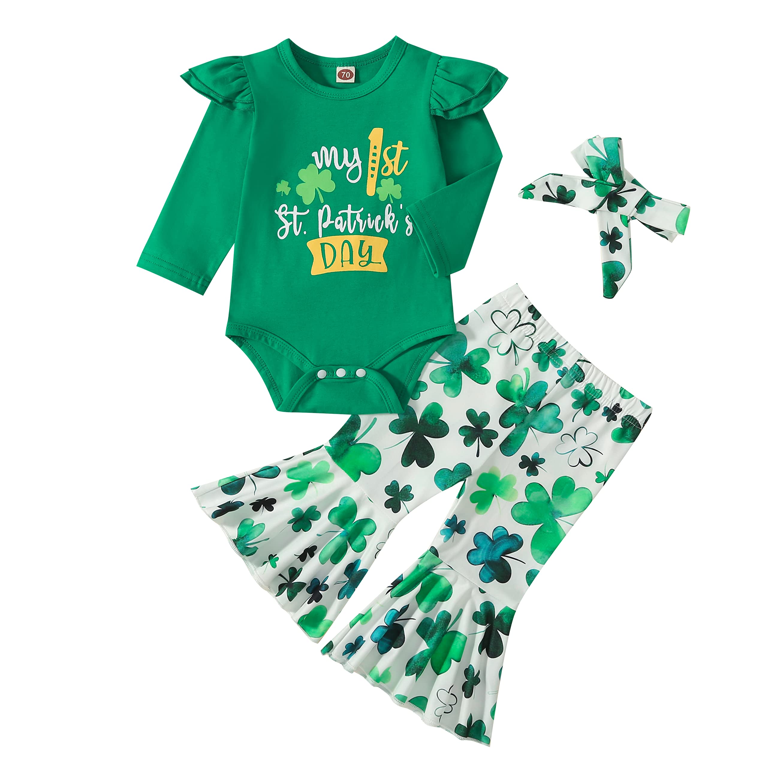 DEARBB Newborn Baby Girl My 1st St. Patrick’s Day/Easter Outfit Romper Lucky Shamrock Bunny Flare Pants Set Infant Toddler