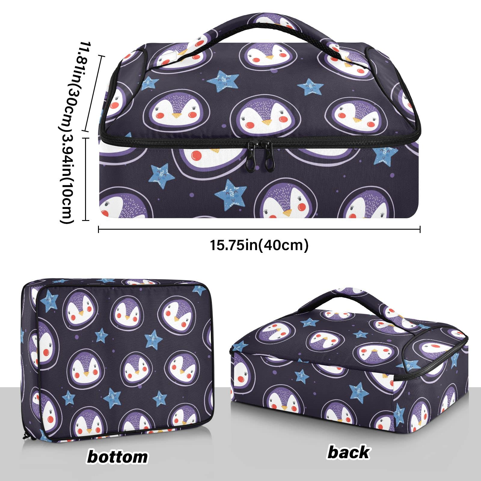 NFMILI Casserole Carrier for Hot and Cold Cartoon Penguin Face Print, Insulated Food Delivery Bag Reusable Warmer Carrier Bag with Inner Pocket Aesthetic Print 15.75×11.81×3.94 inch